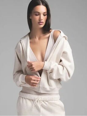 SKIMS COTTON FLEECE CLASSIC ZIP UP HOODIE IN OATMEAL HEATHER SIZE SMALL